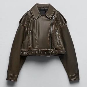 New olive green cropped leather jacket